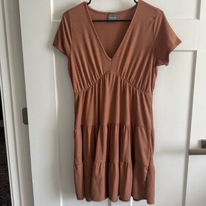 Olivia Rae Ribbed Tiered Babydoll Dress Light brown/blush V-neck Women's‎ L
